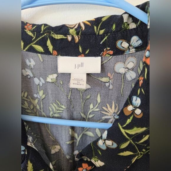 J.Jill Plus Size 3X Floral Shirt Dress Blouson Navy Blue Midi Pockets Waist Tie - Picture 3 of 9